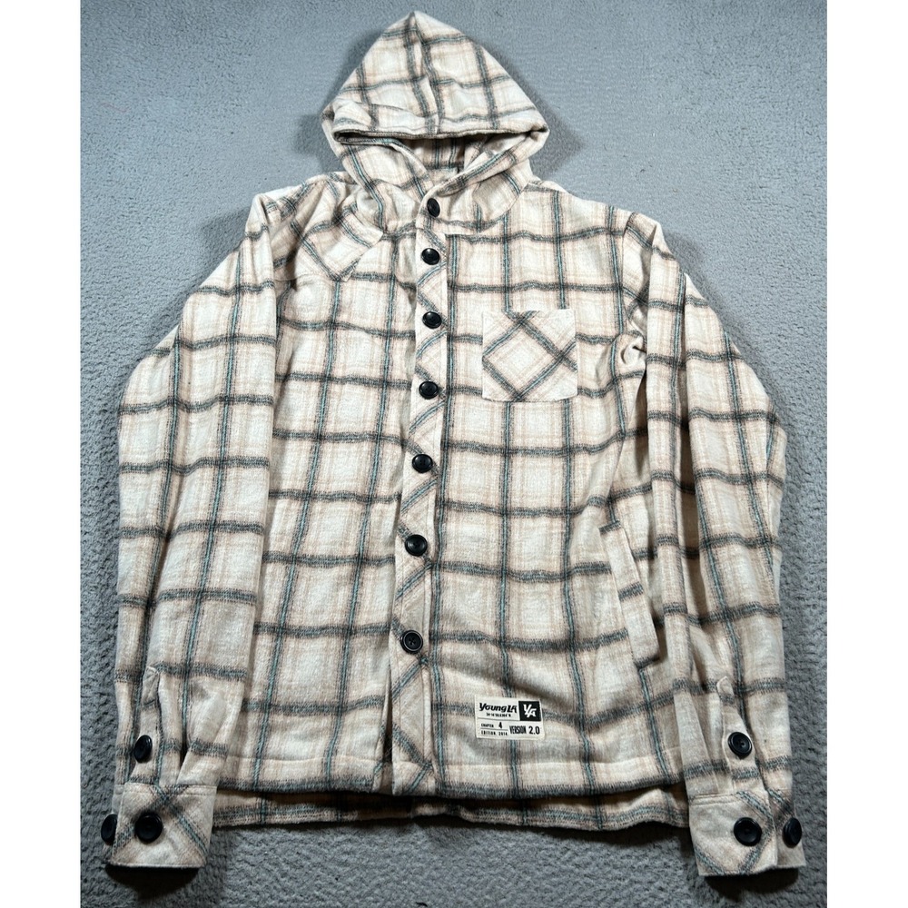YoungLA Version 2.0 Flannel Shirt Mens‎ Medium Plaid Button Front Hooded Shacket